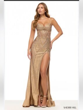 Sherri Hill Gold Beaded Spaghetti Strap Prom Gown with Thigh Slit
